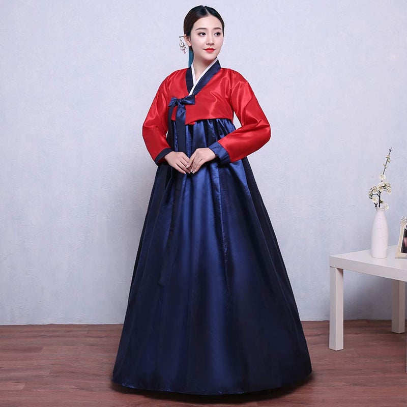 XINFU Women's Korean Traditional Hanbok Sets Long Sleeve Colorful Cosplay Costume Dress, Redcyan, X-Large - Image 2